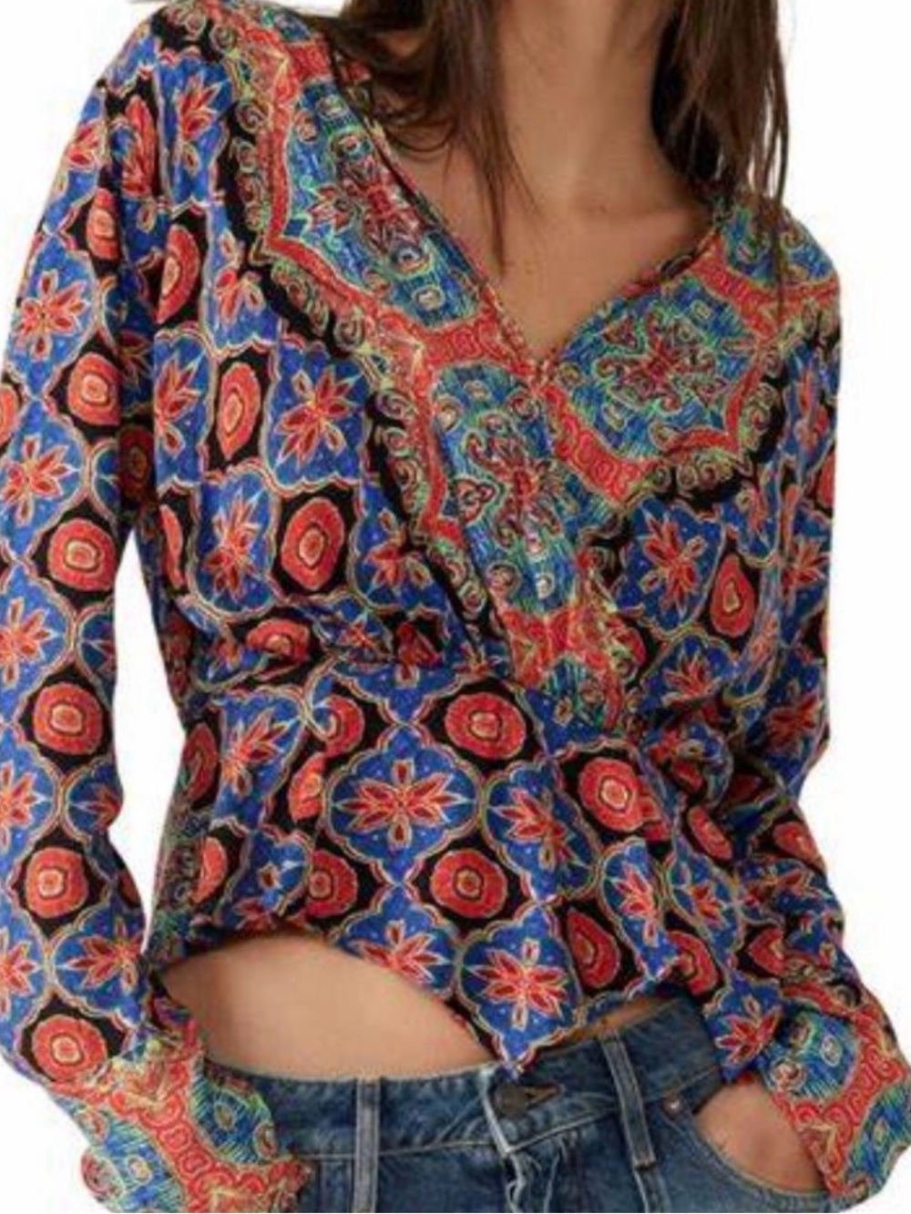 #859 FREE PEOPLE Falling for You- Orange, Blue Boho Peplum Blouse NWOT